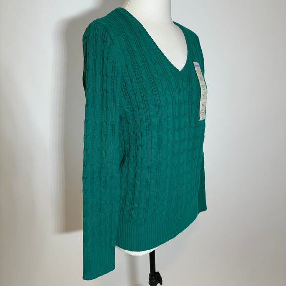 NWT St. John's Bay Green Cable Knit V-Neck Sweater Womens Petite Size PL Preppy - Picture 2 of 10